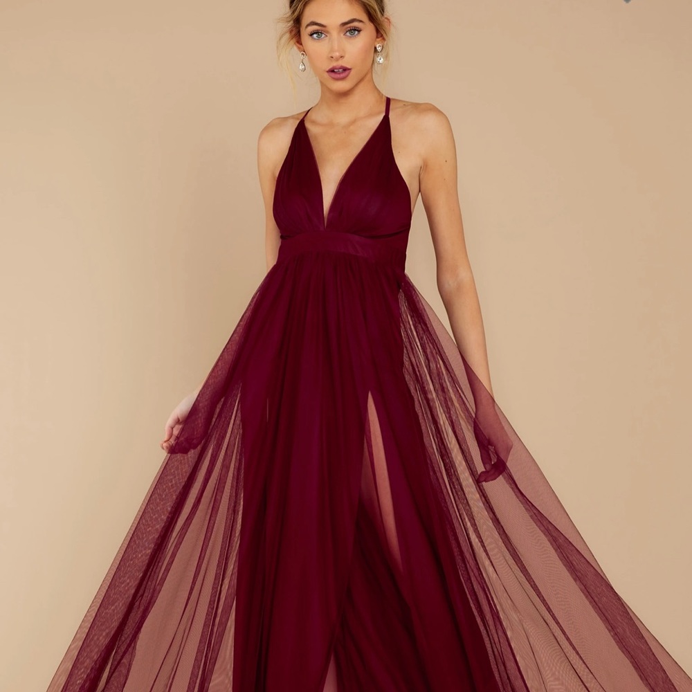 Burgundy Long Maxi Gown Dress with Slits